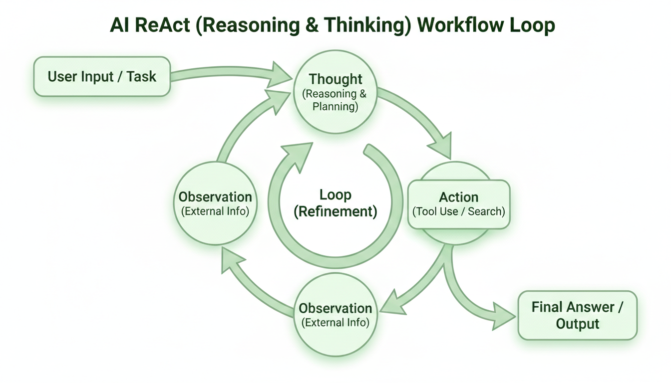 Diagram showing the loop of Thought, Action, and Observation in the ReAct pattern.
